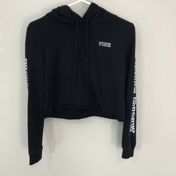 PINK Victoria’s Secret Women XS Black Crop Top Hoodie Pullover Spellout Love - Picture 7 of 9